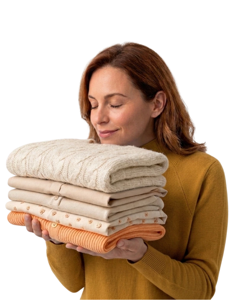 Woman holding a neat stack of freshly cleaned, folded knitwear