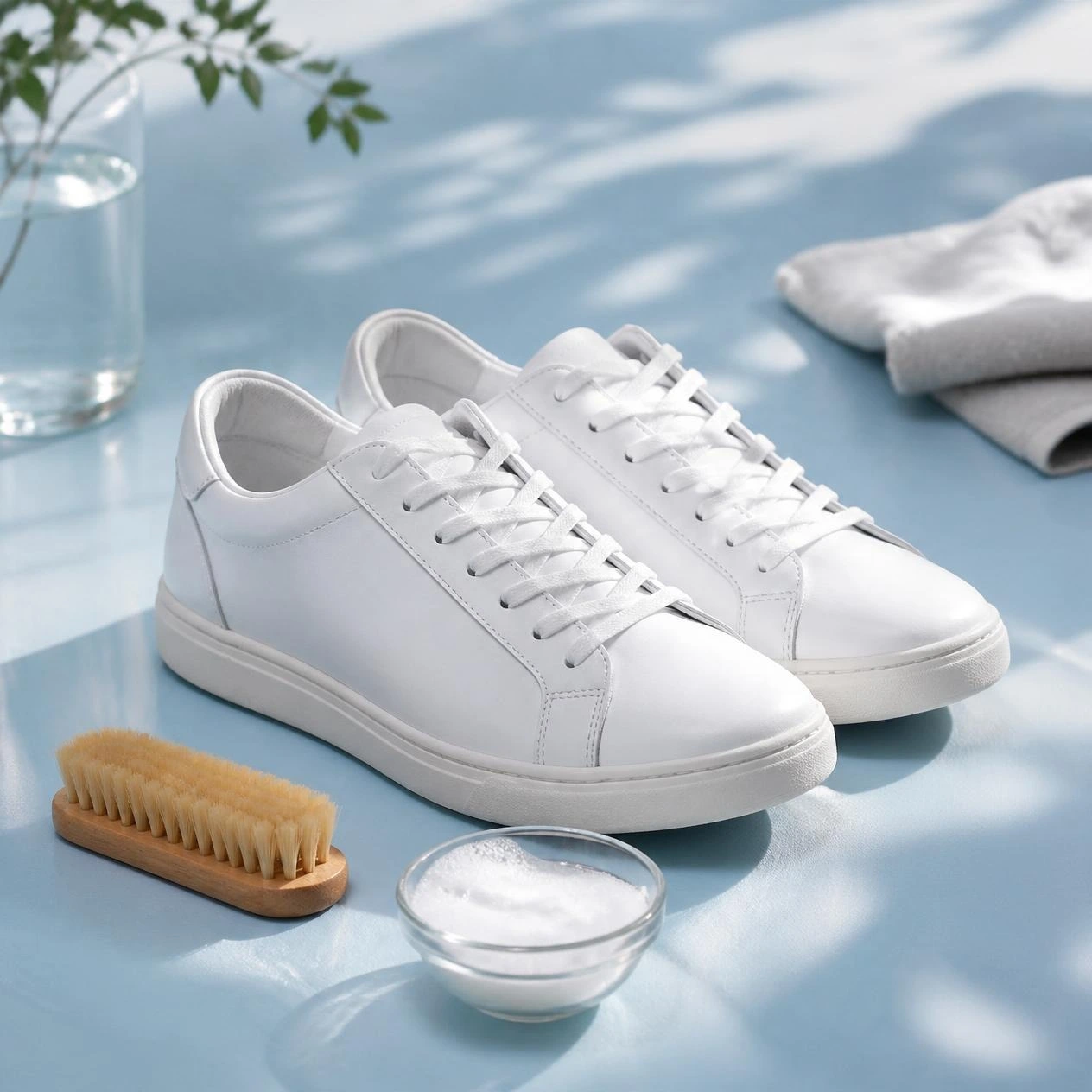Freshly cleaned white leather trainers beside a cleaning brush