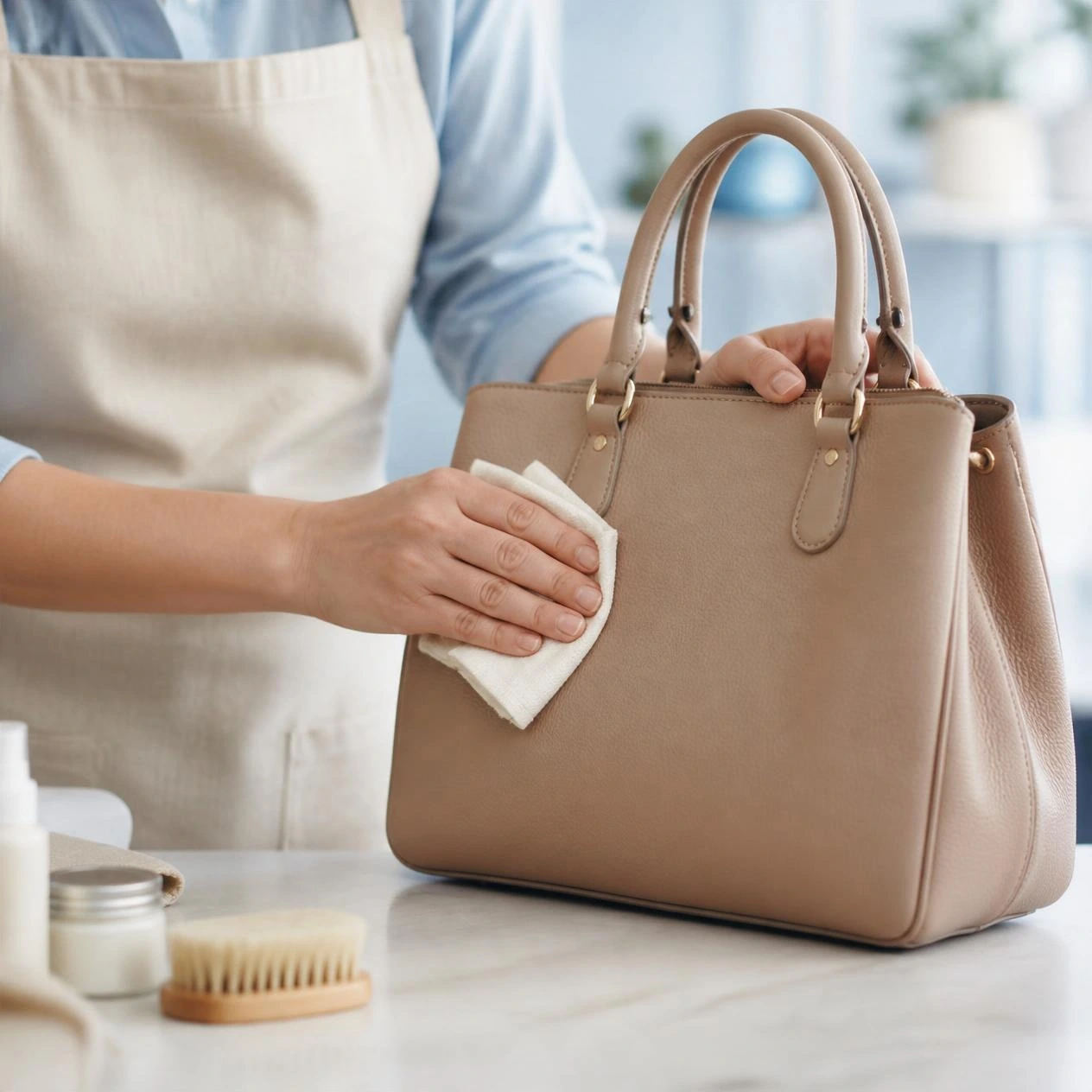 A leather handbag being cleaned by hand with a soft cloth